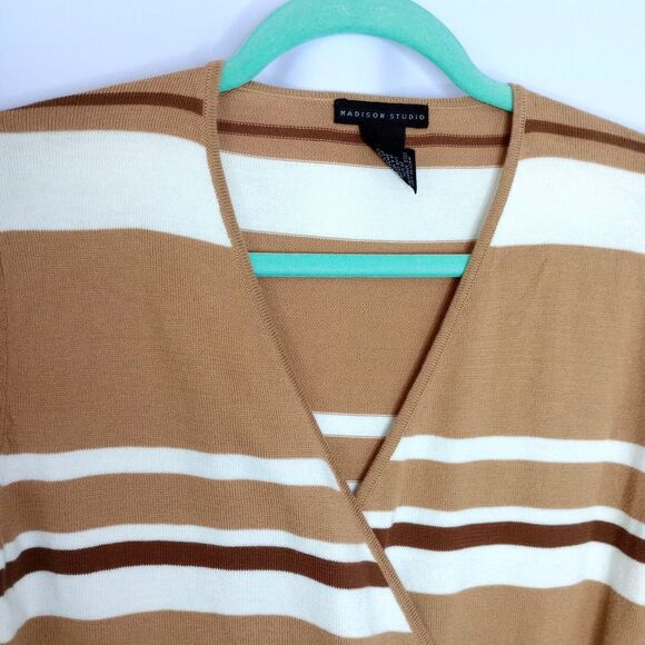 Madison Studio Faux Wrap V Neck Sweater Neutral Stripe Cotton Knit Lightwght Med - Picture 3 of 4